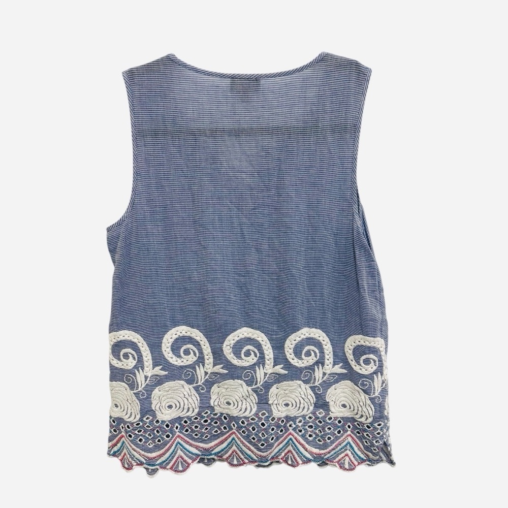 Talbots blue white striped top with embroidery and scalloped hem spring summer - Picture 7 of 11